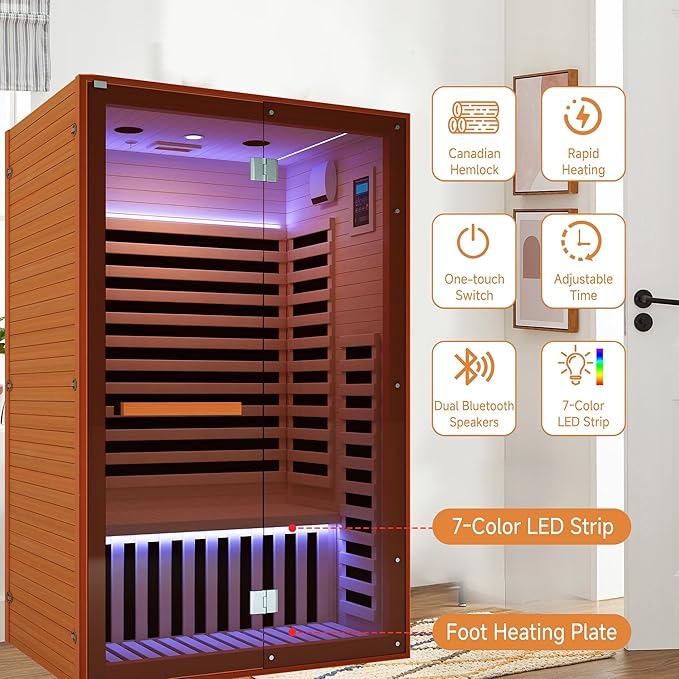 Infrared Sauna 2 Person,Far Infrared Home Sauna Room,1950W Light Therapy Lamp Dry Sauna for Home, Canadian Hemlock Indoor Sauna Spa with Oxygen Bar,Wooden Infrared Light Sauna