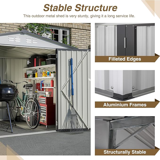 Spacious 8 x 6 ft Outdoor Storage Shed, All Weather Metal Sheds with 2 Lockable Doors, Tool Shed for Garden, Backyard, Lawn,White