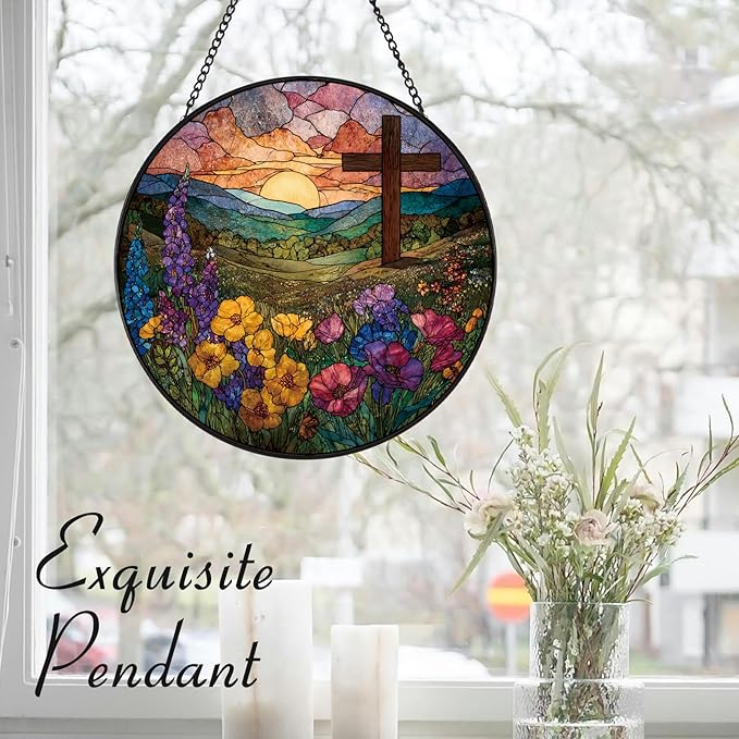 Wildflowers and Crosses Suncatcher -7.9 in Stained Glass Window Hanging Sun Catcher Garden Decor
