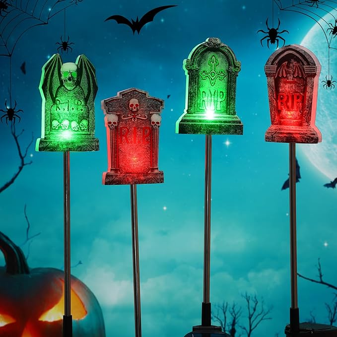 Retisee 4 Pack Halloween Tombstone Solar Lights Outdoors Graveyard Tombstones Glow in The Dark Solar Yard Decorations Waterproof Lights Pathway Halloween Party Favors for Lawn Porch LED(Gravestone)