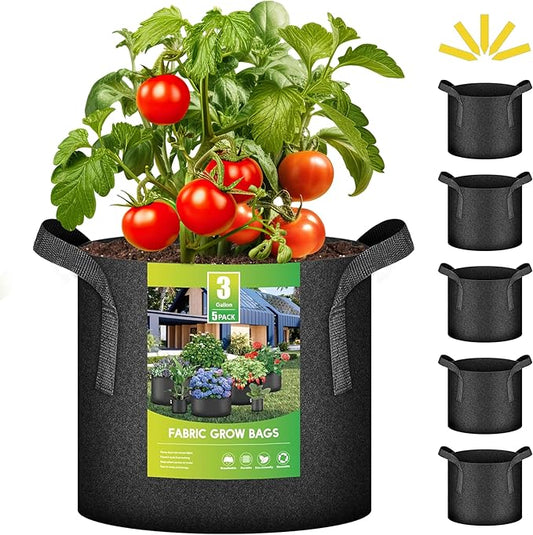 iPower 5 Pack 3 Gallon Grow Bags Heavy Duty 300G Thickened Nonwoven Fabric Plant Pots with 5 Labels & Handles for Outdoor Garden, Aeration Planter Bags for Fruits, Vegetables, Tomato & Flowers, Black