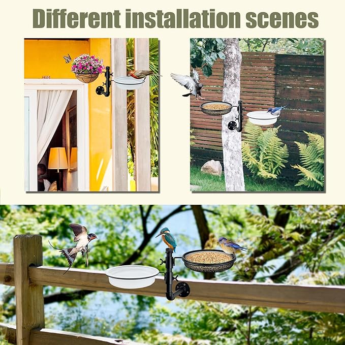 Wall Mounted Bird Feeder with Metal Mesh Seed Tray and 2 Bird Bath Bowls,Heavy Duty Fence Tree Mount Birds Feeder for Outside Wild Birds,Table Mountable Platform Feeder in Garden Backyard