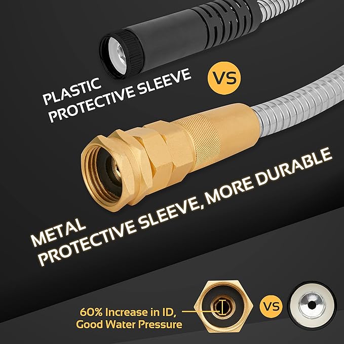 Garden Hose Metal - 50ft Heavy Duty Stainless Steel Water Hose with 8 Function Sprayer & Metal Fittings, Flexible, Lightweight, No Kink, Puncture Proof Hose for Yard, Outdoors, Rv