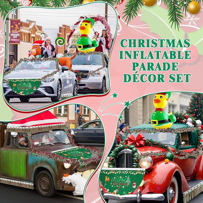 Hungdao 9 Pcs Christmas Golf Cart Parade Decorations Include 1 Pcs 4 Feet Inflatable Giant Duck with Float Bunting Flag Tinsel Garland for Christmas Car Yard Party Decoration