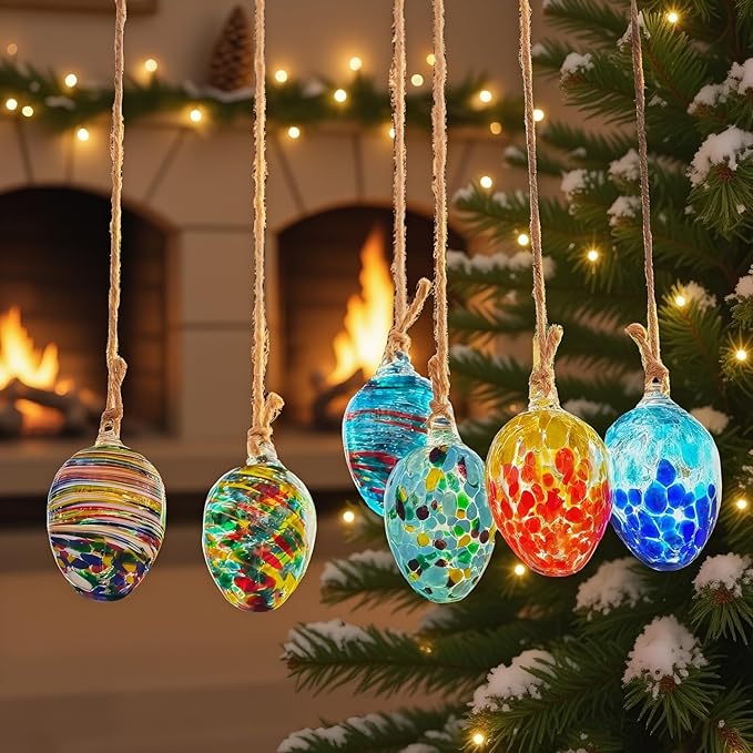 6pcs Decorative Hanging Christmas Balls Ornaments Garden Gazing Ball Hand Blown Glass Egg Ball for Outdoor Patio Décor Hanging Friendship Balls Collectible Figurine Glass Eggs