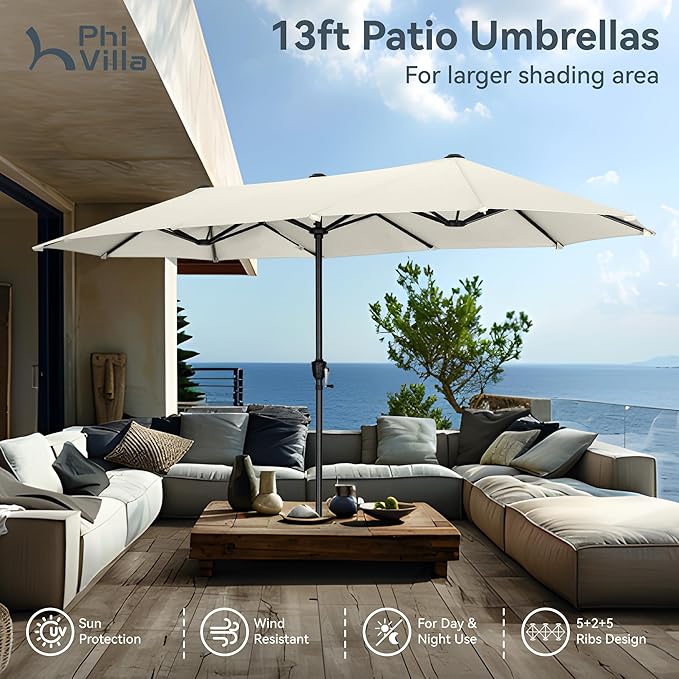 PHI VILLA 13ft Large Patio Umbrellas, Double-Sided Outdoor Market Rectangle Umbrella for Outside, Ivory
