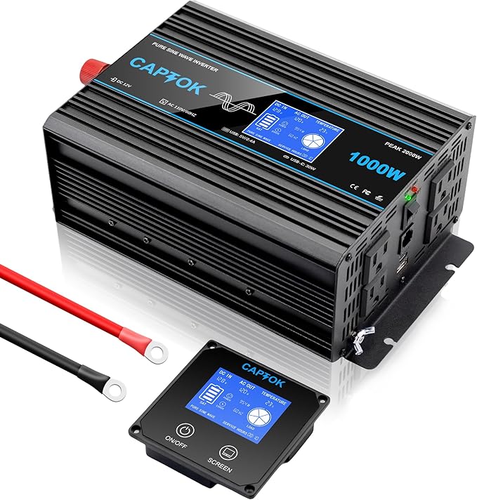 1000W Pure Sine Wave Inverter DC 12V AC 120V Double LCD Screen Remote Control Power Inverter 30W USB-C 4AC Outlets for RV, Home, Solar System CAPTOK
