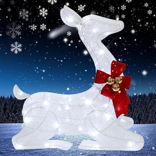 27" Christmas Deer Outdoor Decoration with Lights,3D Lighted-up Xmas White Reindeer with Red Bow and Bell Christmas Ornament,Kneeling Deer Perfect for Lawn Porch Indoor Outdoor Holiday Decor