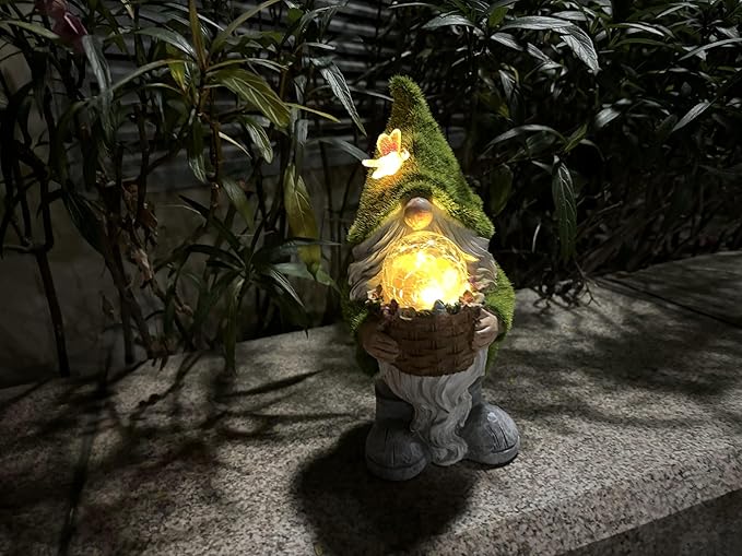 Garden Gnomes Statues, Outdoor Gnome Decorations for Yard Patio Lawn Porch, Home Decor Sculpture Figurine Holding Flower Basket Solar Lights, Cute Ornaments Ideal Gifts