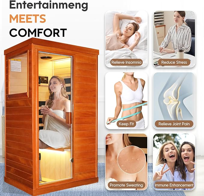 One Person Sauna Far Infrared Finland Spruce Wood Saunas Room Home Wood Spa Dry Saunas Single Person Spa Beauty of Natural Wood 67.3x37.4x29.5inch