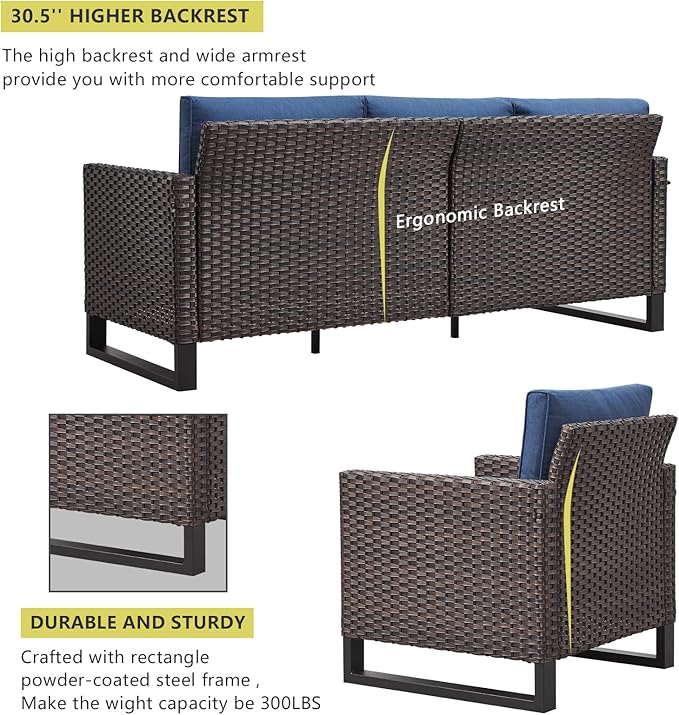 HUMMUH 10 Piece Patio Furniture Set PE Wicker 12-Seater Outdoor Sectional Sofa Set with Patio Swivel Chairs Dinning Table Ottomans for Porch,Garden,Backyard,Deck(Brown/Blue)