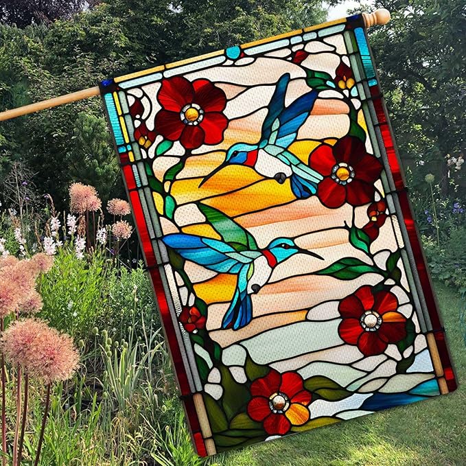 Spring Summer Hummingbird Garden Flag Glass Style Vertical Double Sided Rustic Farmland Burlap Yard Lawn Outdoor Decor 28x40"