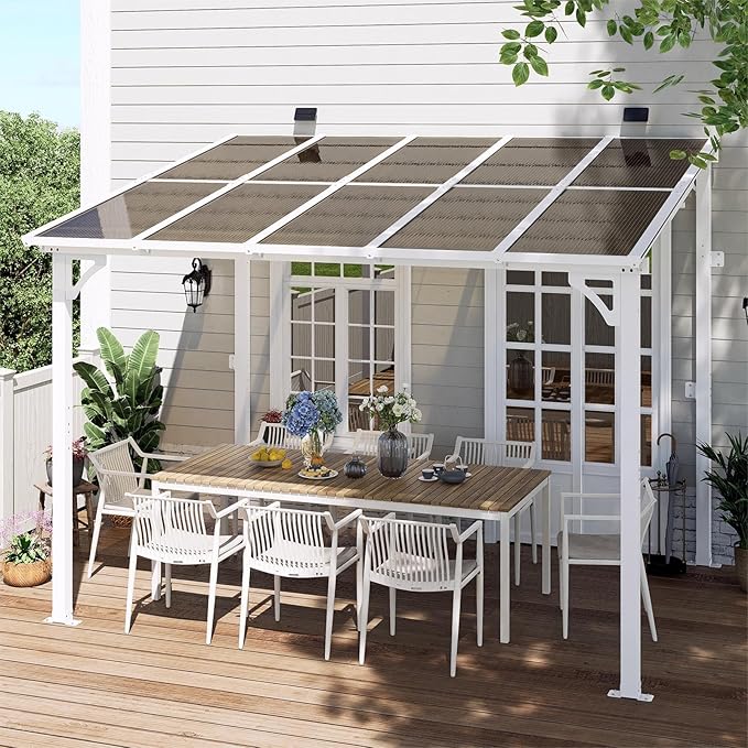 MEISSALIVVE 8' x 10' Wall Mounted Lean to Metal Awnings with Sloped Roof, Outdoor Patio Gazebo Awning for Backyard, Deck, White