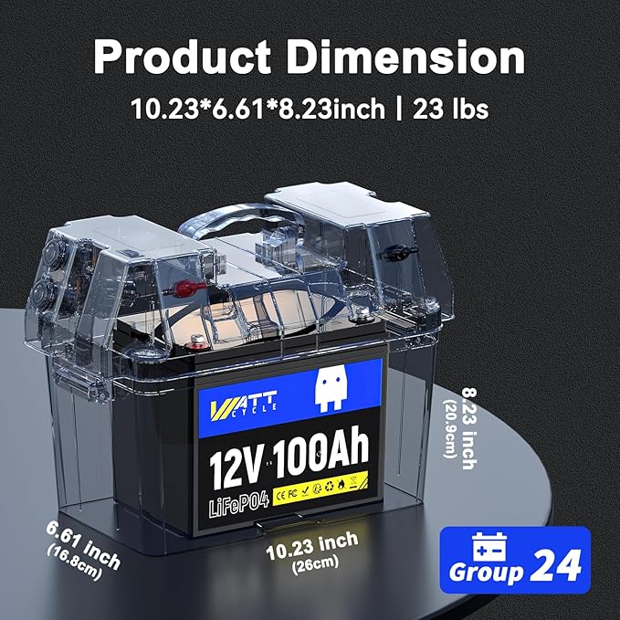 Wattcycle 12V 100Ah LiFePO4 Battery, Lithium Battery Up to 15000 Cycles, Low Temperature Protection, 10 Years Lifespan, Perfect for RV/Outdoor Camping/Home Energy Storage（BCI Group 24）