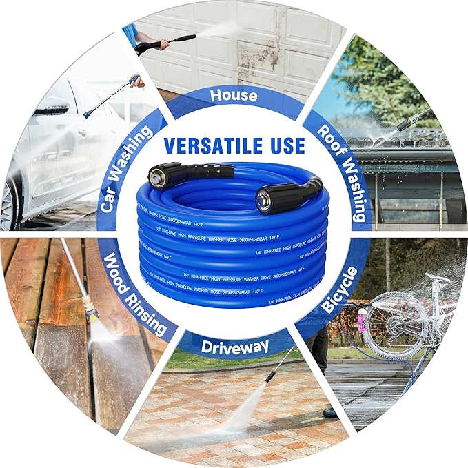 Pressure Washer Hose 100FT 1/4'' Kink Resistant 3600 PSI Power Washer Hose Extension with Leak-Free M22 Female and 3/8" Quick Connection Kit (100FT)