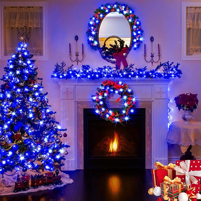 KNONEW Outdoor Christmas Lights 99ft 300 LED String Lights 8 Modes & Timer Fairy Light Plug in Waterproof LED String Lights for Xmas Yard Tree Wedding Party Holiday Decorations (Blue)
