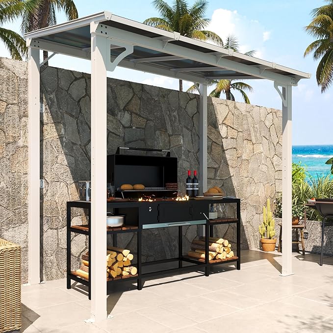 MEISSALIVVE 8' x 5' Gazebo Outdoor Pergola for Patio, Small Wall Mounted Lean to Metal Awnings with Sloped Roof, Heavy Duty Awnings for Patio, Decks, Backyard, White