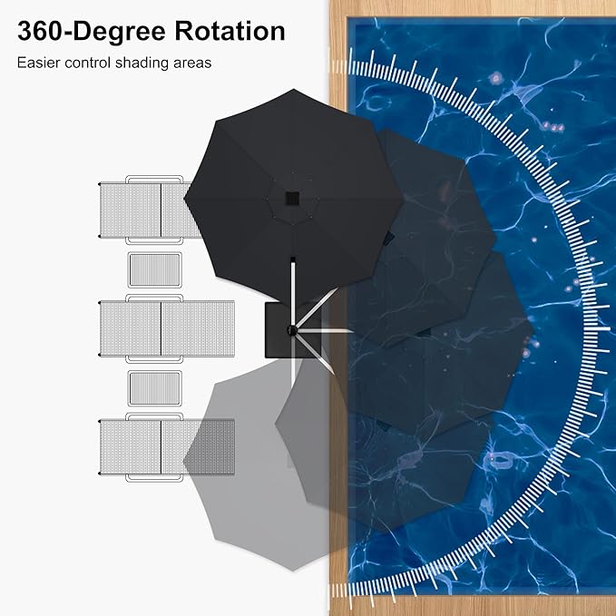 PURPLE LEAF 12ft Patio Umbrella With Base Solar powered LED Cantilever Umbrella with LED lights Windproof Outdoor Offset Umbrella for Garden Deck Pool Patio, Black