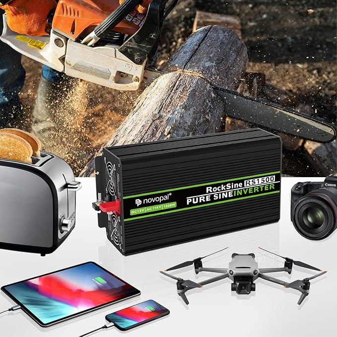 Novopal 1500W Pure Sine Wave Inverter, 12V DC to 110V/120V AC Car Power Converter, DC-AC Power Inverter with 4 Outlets, High-Power Interface，16ft Remote Control, LCD Display
