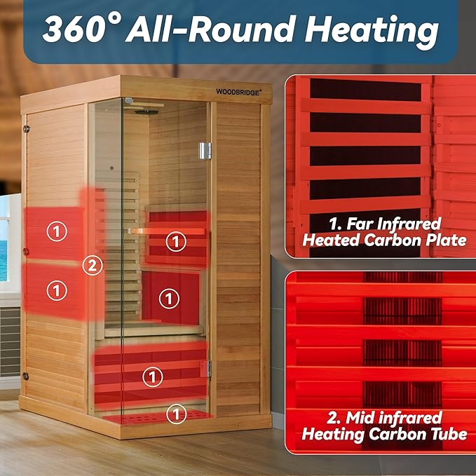 Woodbridge Infrared Home Sauna Room 1 Person Hemlock Wooden Indoor Sauna,7 Carbon 1560W/120V Heaters,with Led Color Therapy Light,Bluetooth Speaker,Tempered Glass,Touch-Tone Keypad and A Top Vent
