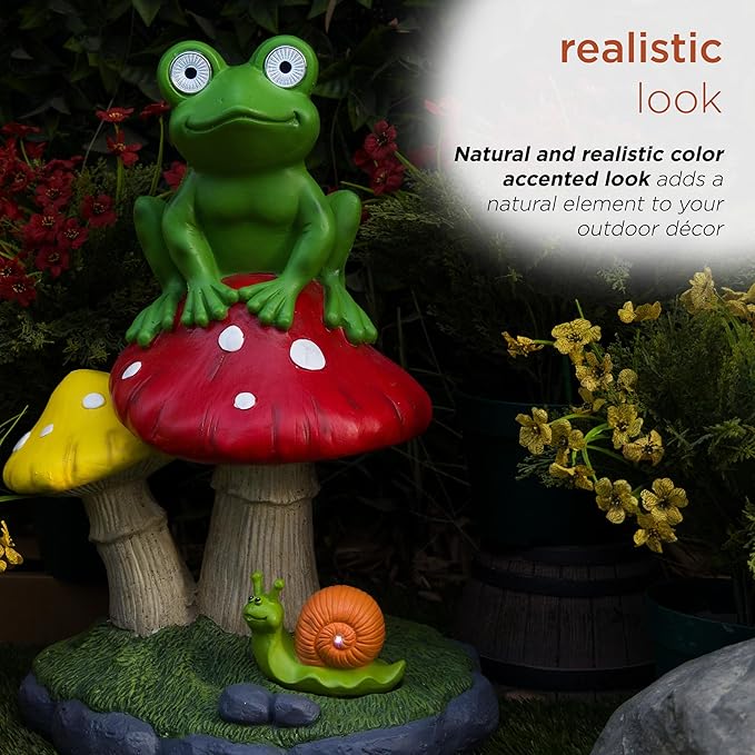 Alpine Corporation ZEN390SLR-L Frog on Mushroom Statue with LED Lights, Solar-Powered LED Frog Garden Statue, 24" H, Green