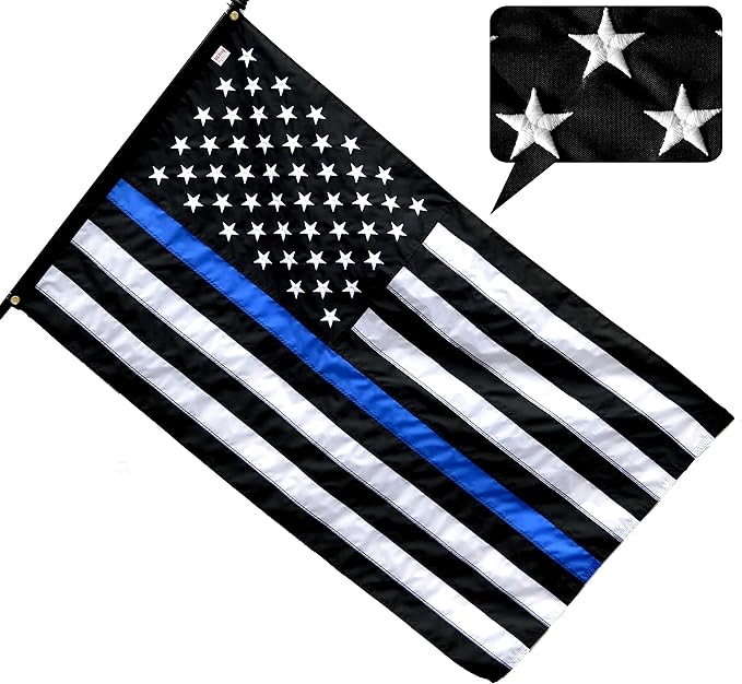 US Flag Factory 3x5 FT American Thin Blue Line Flag (Embroidered Stars, Sewn Stripes) for Police Officers - Blue Lives Matter Flag - 100% Made in America - Outdoor SolarMax Nylon