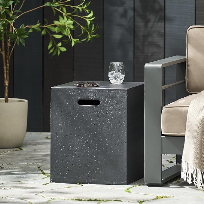 Propane Tank Cover Table for Fire Pits, 20 LB Concrete Propane Tank Holder with Side Handles, Outdoor Tank Storage Side Table for Patio, Gas Griddle, Dark Gray