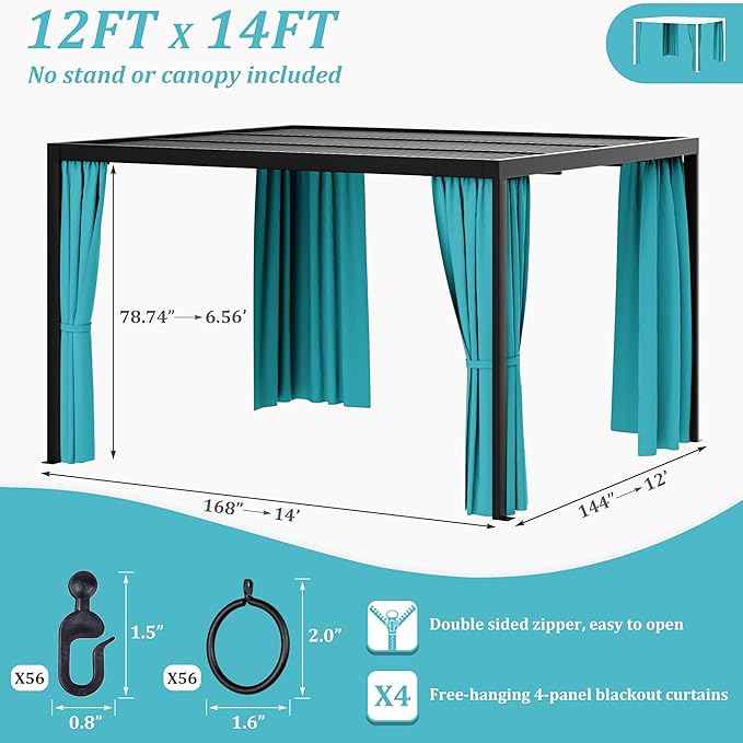 Gazebo Universal Replacement Privacy Curtain,12'×14' Gazebo Outdoor Waterproof Curtains, 4-Panels Sidewall Curtains with Double Zipper for Patio Canopy, Garden and Backyard (Curtain Only)