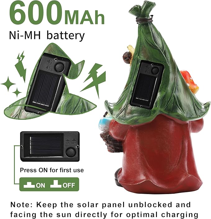 Gnome Solar Garden Statue with 3 LED Lights, Mushroom-Picking Gnome Statue Outdoor Decor for Patio, Yard, Balcony, Lawn Ornament, Unique Gift for Mom