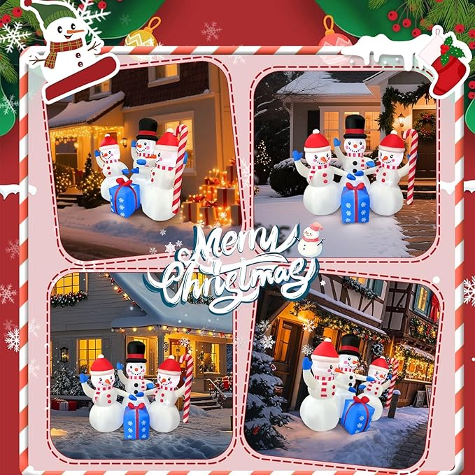 2025 Christamas Inflatable Snowman 6FT 3 Snowmen with Gift Box Christamas Inflatables Outdoor Decoration Xmas Snowman Blow Up Decor with Built-in 7 LED for Holiday Party Yard Garden Lawn