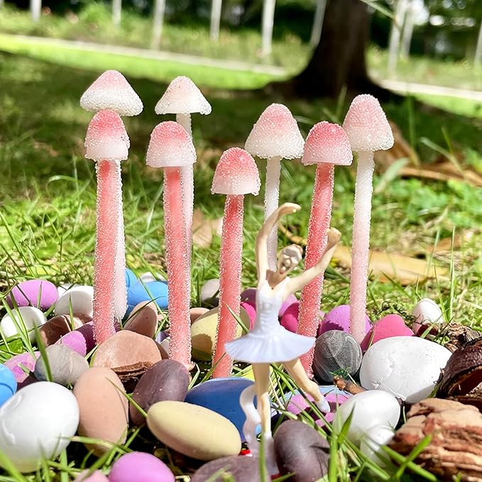 Handmade Glittery Pink Resin Clay Mini Mushrooms - 8Pcs Fairy Garden Decor with Frosted Beads, Miniature Terrarium Ornaments & Desk Plant Accessories Holiday Ornaments & Desktop Decorations
