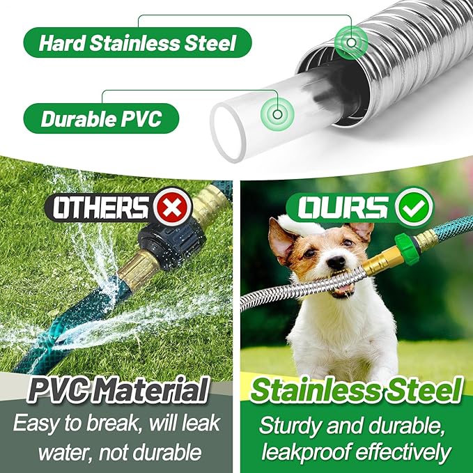 Garden Hose with Female to Female Connector - 25ft Metal Leakproof Leader Hose for Reel, Heavy Duty 304 Stainless Steel Flexible Water Pipe for Outdoor Garden Watering Car Pet Cleaning