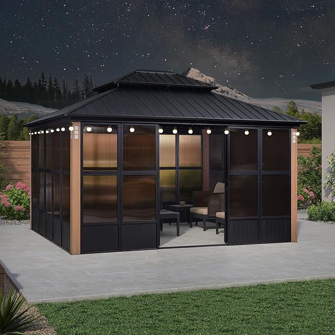PURPLE LEAF 12' X 14' Patio Hardtop Gazebo Double Top Outdoor Screen House Aluminum Solarium Backyard Sun Room with Detachable Windows and 24 Solar String Light