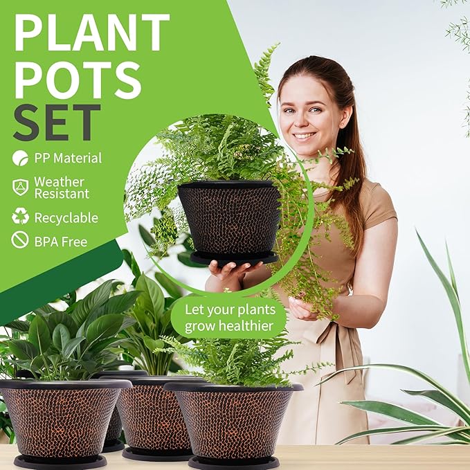 Quarut 11.8 Inch Pots for Plants,4 Pack Large Plant Pot,Flower Pots with Drainage Hole & Saucer,Modern Planters for Indoor Outdoor Plants,Decorative Resin Garden Pots for Planting Medium Large Plants