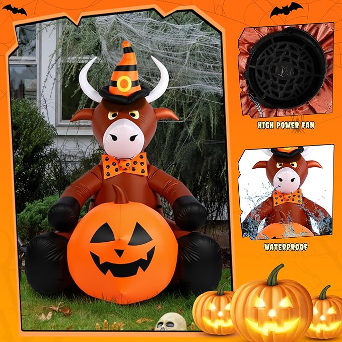 Soulchen 5FT Halloween Inflatable Highland Cow Outdoor Decorations with Witch Hat Holding Pumpkin Built-in LED Lighted Halloween Blow up for Yard Garden Lawn Holiday Party Decor