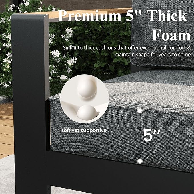 LayinSun 7 Piece Aluminum Outdoor Furniture Set with Fire Pit Table, Outside Patio Deep Seating Conversation Set with Upgraded Washable Thick Cushion