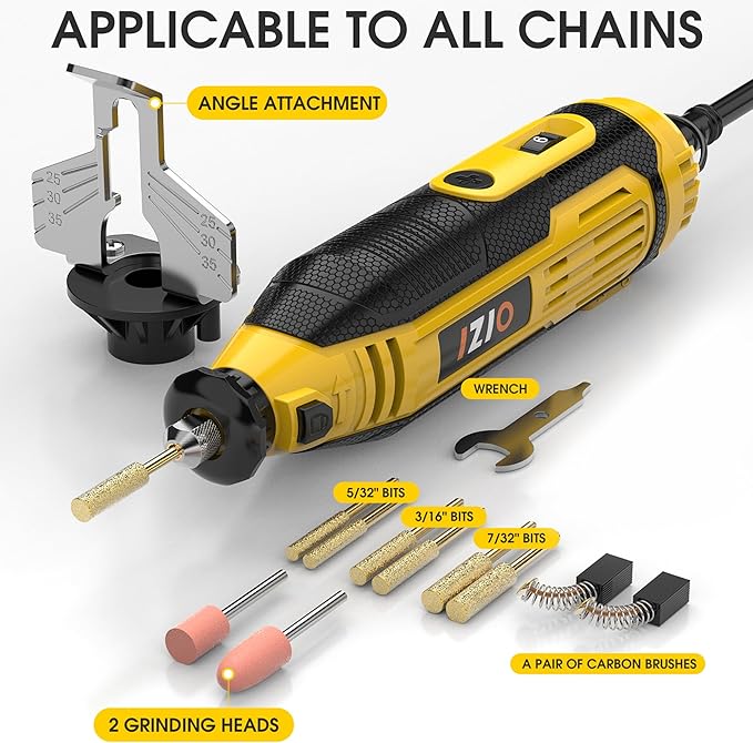 IZIO Yellow Professional Electric Chainsaw Sharpener Kit with 6 Grinding Heads &Precision Guide Plate – High-Efficiency Tool for Fast Blade Restoration,Compatible with All Chains(0.325" to 3/8" Pitch