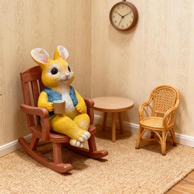 Resin Rocking Chair Bunny Statue - Hand Painted & Fade Resistance & Weatherproof - Long Durability for Indoor and Outdoor - Bunny Figurine with Bright Color & Realistic Details