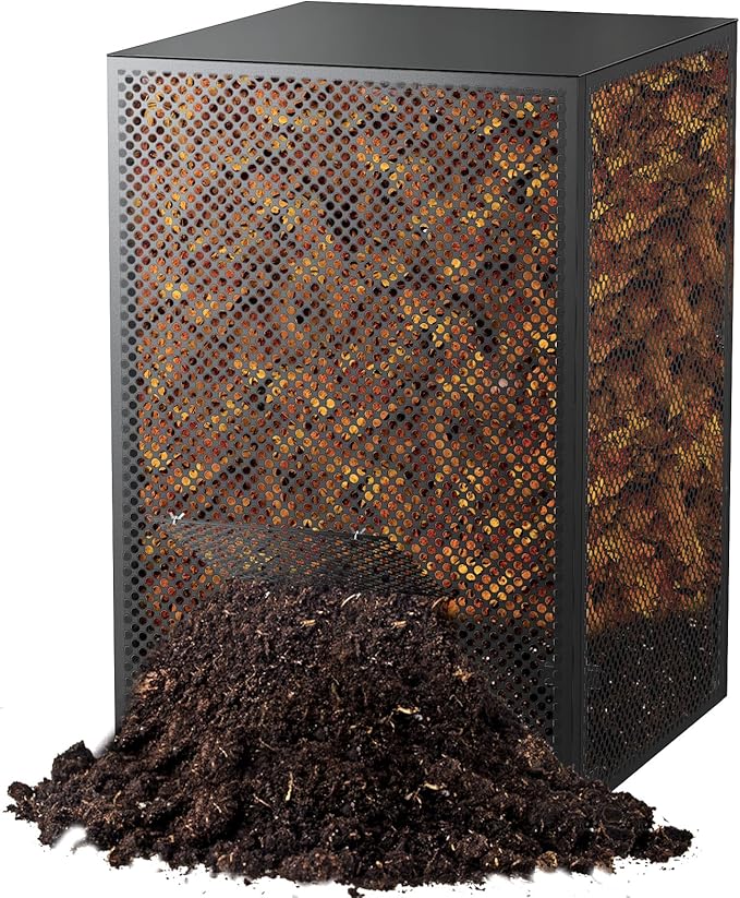 Compost Bin Outdoor - Large 93 Gallon Metal Perforated Sheet Compost Bucket with Rust-Proof Coating, Heavy-Duty & Easy Assembly, Fast Creation of Fertile Soil, for Garden, Kitchen & Yard Waste, Black
