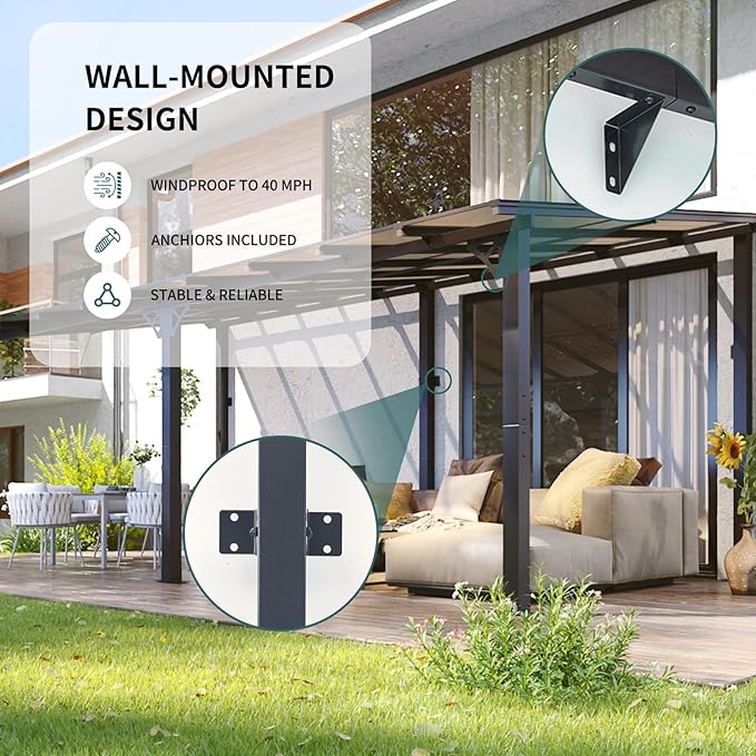 10x20FT Lean to Gazebo, Hardtop Metal Pergola with Polycarbonate Roof, Large Wall Mounted Heavy Duty Awnings, Patio Canopy for Backyard, Deck, Porch （Black）