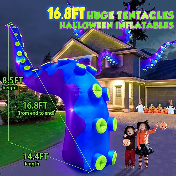 1PCS 16FT Giant Halloween Inflatables Octopus Tentacles, Huge Halloween Decorations Outdoor Build-in LED Lights Vivid Spooky Blow Up Yard Decoration Large Blowups Holiday Lawn Party Yard-Style A