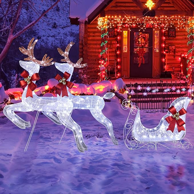 Christmas Decorations: Lighted Reindeer & Sleigh Outdoor Display, Multicolor, 270 LED Lights, Weatherproof, Easy Assembly