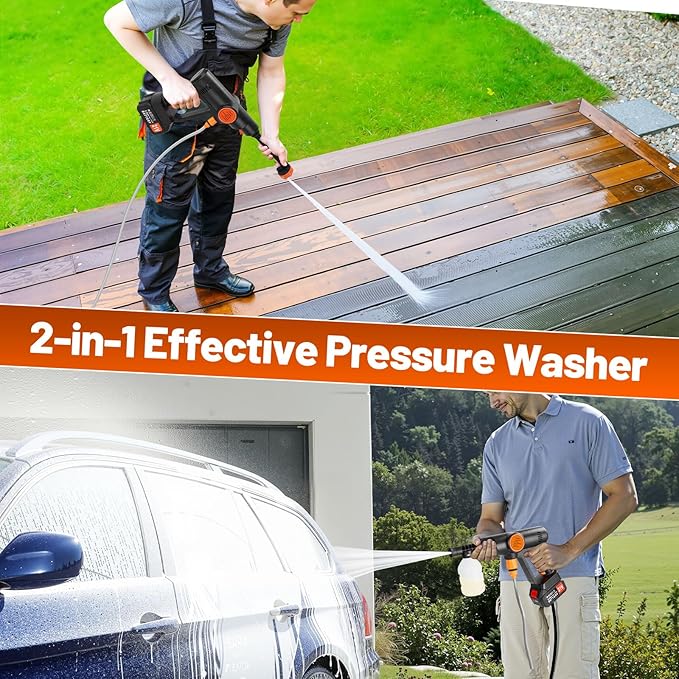 Battery Pressure Washer, Electric Power Washer Cordless, Portable Car Pressure Washer Handheld with 6-in-1 Nozzle,17FT Drain Hose,Power Cleaner for Patio Floor Fence Deck Indoor