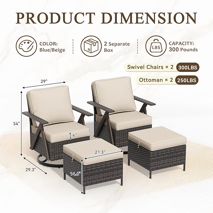 Outdoor Swivel Rocker Chairs Set of 4, Wicker Swivel Patio Chair with Ottomans, Patio Furniture Set for Outside Backyard