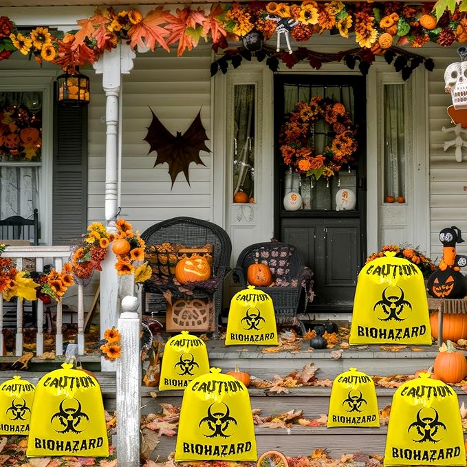 12 Pcs Large Halloween Leaf Bags Biohazard Halloween Decorations Halloween Trash Bags for Leaves Plastic Yard Lawn Waste Bag Scientist Biohazard Bag Outdoor Biohazard Zombie Party Decorations (Yellow)