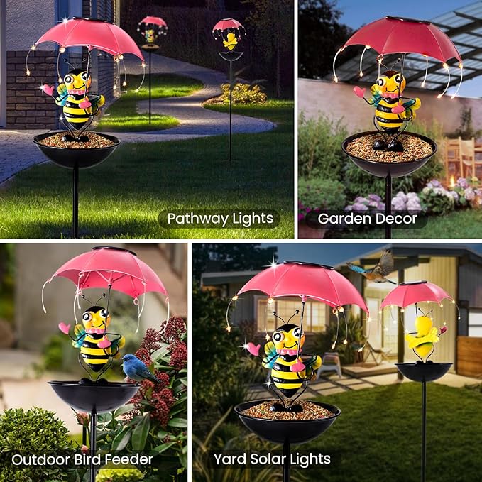 Bird Feeder Solar Garden Decor, Waterproof Bee Metal Wildbird Cardinals Hummingbirds Feeders with LED Lights, Gifts for Mom Grandma Bird Lovers Outdoor Path Yard Decoration