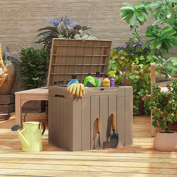 Patiolife 30 Gallon Resin Deck Box, Small Outdoor Storage for Garden Tools, Pool Supplies, Waterproof and Lockable, Brown