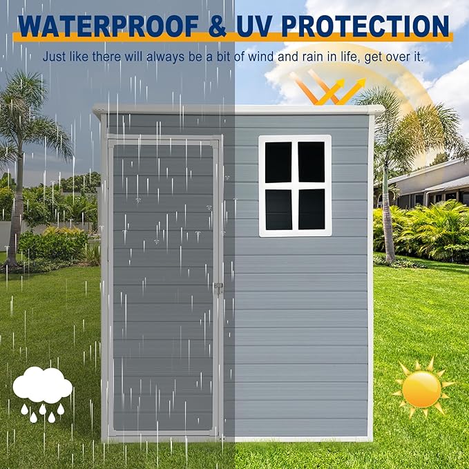 JT 5×3ft Resin Outdoor Storage Shed,Outdoor Storage Shed with Floor & Window to Store Patio Furniture, Garden Tools Bike Accessories, Beach Chairs and Lawn Mower. (Grey, 5ft*3ft)