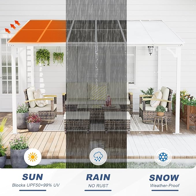 MEISSALIVVE 10' x 12' Wall Mounted Lean to Metal Awnings with Sloped Roof, Outdoor Patio Gazebo Awning for Backyard, Deck, White