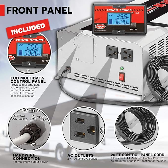 Tundra M Series M3024 Power Inverter Modified Sine Wave 3000W/ 24V DC to 120 V AC for Trucks, Buses & Coaches Features LCD Display Adjustable Battery Protection with Dual AC Outlets